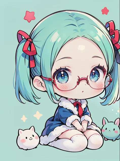 chibichara little girl, smiles, (very small breasts), (deep blue eyes), (pale green hair, short hair, forehead, small pigtails),...