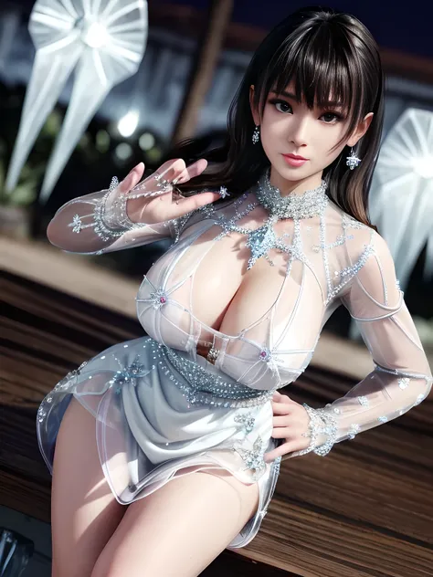 first-person view,1girl,Nanami,(Wearing Ice-crystal embellished dress:1.5),((flower shop)),Jewelry,Tattoos,nighttime, full_moon,(( Water droplets glow)),slightly parted lips, lewd smile, lascivious, sexy poses,red lips,charming body,Charming cleavage,(Mast...