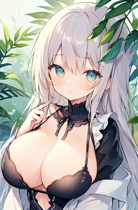 ((huge breasts)), beautiful breasts、(big breasts),Super detailed、#3b4195 background、Beautiful flowers、berry、Fern、leaf、Watercolor pattern in calm colors、(watercolor texture)、(1 girl)、long hair、cute、 short petite pretty woman, 、 Super-detailed face、detailed ...