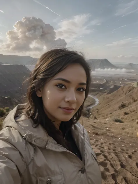 ((Top Quality, 8k, Masterpiece: 1.5)), indonesian Woman (1, 19 years old, smile, very detailed face and skin and hair texture, detailed blue eyes, double eyelids, white skin, beautiful delicate nose, parka wearing, exposed cleavage, large breast), overhead...