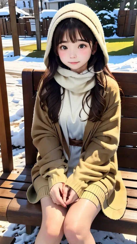 blurred background、blurred background、(masterpiece),(highest quality), Yuki, brown fur, scarf, foot, knee thick thighs, empty eyes, expressionless face, garden, bus stop, snow, snowが降る, wood, nature, sitting on bench from the bus stop