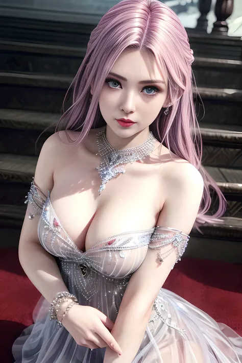 first person perspective,1girl,Elise,(Wearing Ice-crystal embellished dress:1.5),(Rose),go down the stairs,jewelry,Tattoos,nighttime, full_moon,red lips, slightly parted lips, lewd smile, lascivious, (((sexy poses))),clavicle,charming body,Charming cleavag...