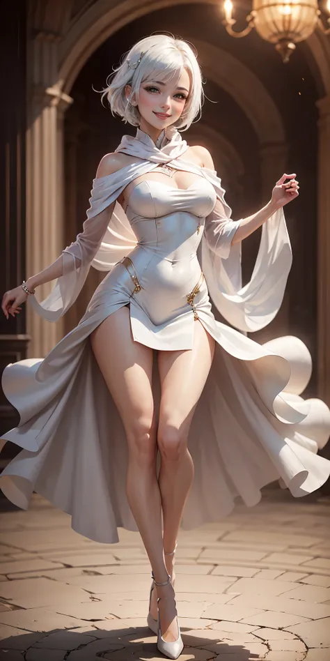 full-body close-up, create an elegant atmosphere), white short skirt, white hair shawl, graceful flowing, elegant movements, lustful smirking smile expression (red blush), floating in the air, (1girl), slim figure)
