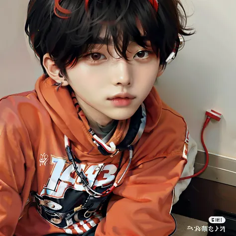 arafed asian boy with headphones and a rojo sweatshirt, 1 7 - year - old chico cara delgada, cai xukun, pintar ulzzang, pale korean adorable face, jinyoung shin, jungkook, chico cara delgada, yanjun chengt, ulzzang, young pale angel, taehyung comiendo papa...