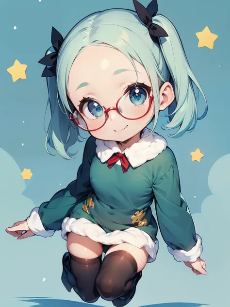 a little girl, smiles, (Very small breasts), (deep blue eyes), (Pale green hair, Short hair, forehead, Small pigtails), (red-half-rimed glasses), winter costume with fluff, Warm, fur, Ribboned, knit sweater-in-chest open dress, ribbon tie, Zettai-ryoiki, c...