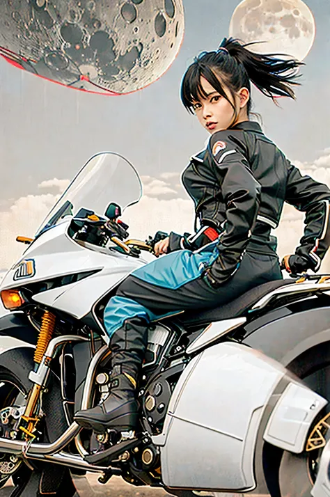 best quality, masterpiece, photo, 4K, photorealistic, highly detailed,
1girl riding motobike, techwear, cyberpunk city, solo, futuristic, huge moon in the background, black and white, by Akira Toriyama, closeup,
