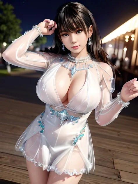 first-person view,1girl,Nanami,(Wearing Ice-crystal embellished dress:1.5),((flower shop)),Jewelry,Tattoos,nighttime, full_moon,(( Water droplets glow)),slightly parted lips, lewd smile, lascivious, sexy poses,red lips,charming body,Charming cleavage,(Mast...