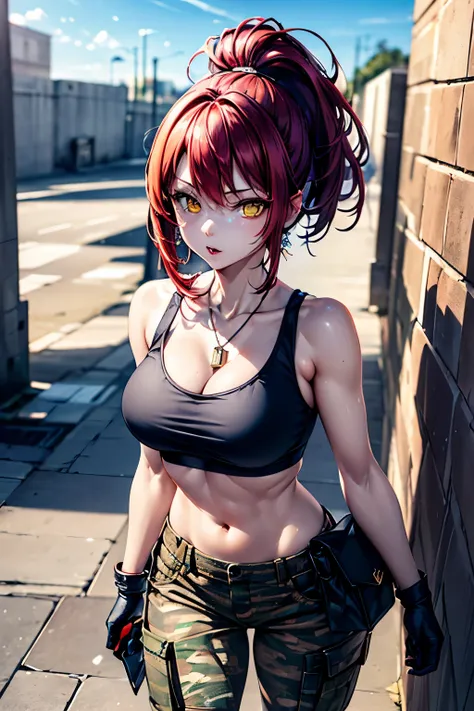 1 Women, 28 years old, jewelry, triangle earring, dog tags,
red hair, ponytail, yellow eyes with slit pupils,red hair, bangs, tanktop, collarbone, black gloves,
camouflage pants, long pants, pouch,standing, waist shot,