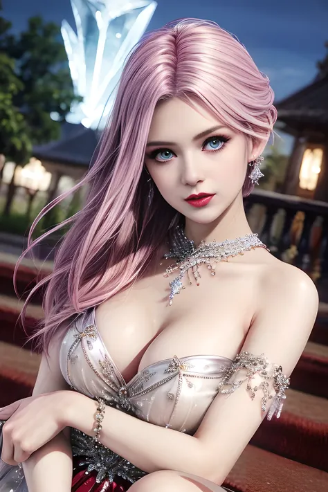 first person perspective,1girl,Elise,(Wearing Ice-crystal embellished dress:1.5),(Rose),go down the stairs,jewelry,Tattoos,nighttime, full_moon,(((red-lips))), slightly parted lips, lewd smile, lascivious, (((sexy poses))),clavicle,charming body,Charming c...