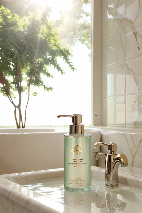 White luxury bath lotion in a bathroom, green tree in background, sun effect.