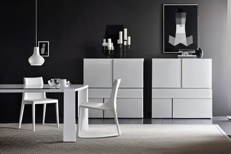 There  a white table and chairs in the room, designer furniture, white furniture, modern gallery furniture,  furniture, elegant furniture, style furniture, furniture and decoration, furniture设计, minimally modern, cabinet furniture, Inspired by Francesco Fo...