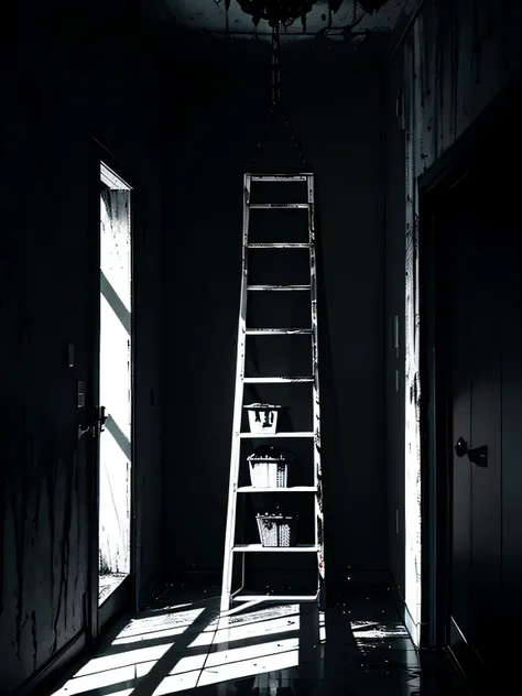 Dark art, ((horror art)), single folding aluminum ladder, a dark room, black apartment, shaded lighting, very detailed