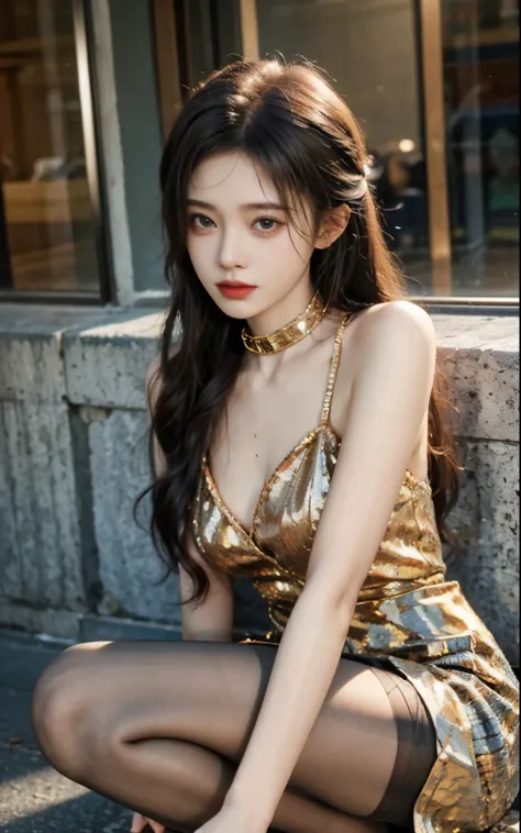 Very beautiful and shining eyes、1 girl、huge chest mouth、saliva、between strands、Prisoner of Abrora、torn cloth collar、fetters、slave、chainetter、thigh、in the hustle and bustle of the city、A male university student squatting backwards with his legs open、tied up...