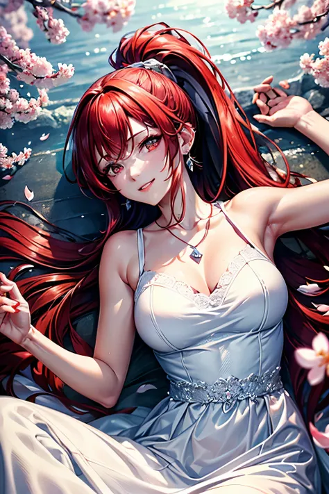 1 Women, 28 years old, jewelry, triangle earring, dog tags, red hair, ponytail, red eyes with slit pupils, master-piece, best quality, proportional body, proportional, Wedding Dresses, White Wedding Dress, Long skirt, wedding, Under the cherry blossom tree...