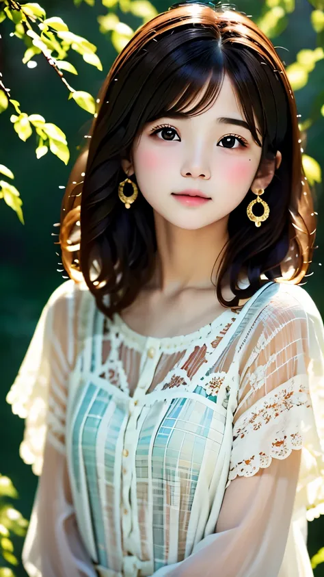 Portrait、master piece:1.3、one girl、baby face、natural look、Very cute、brown hair、short bob、small red earrings、plump lips、no makeup、white t-shirt、focus on face、highest quality、high resolution、Super detailed、High quality、Detailed details、８ｋ、(((blurred backgrou...