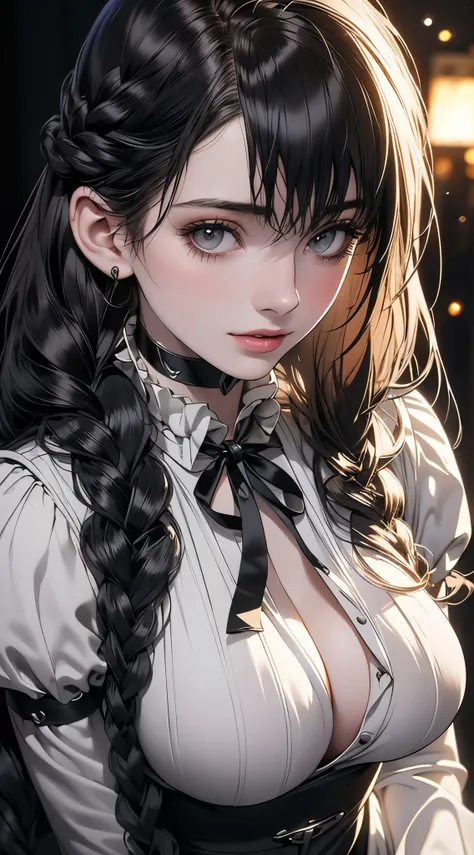 (RAW photo, best quality), ((Nostalgia,1I80s syle)),(A girl with a literary atmosphere:1.2),(realistic, photo-realistic:1.3), (((Huge Boobs:1.3))), (long wavy hair with braids), choker,very pale skin,Ultra Detailed Face, Detailed Lips, black lipstick, Fine...