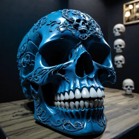 (best quality,8K,high resolution,muste piece:1.2),Super detailed,Eerily realistic blue metallic skull,elaborate corpse,Tokyo,Shibuya,scary theme,full moon night,horror festival setup