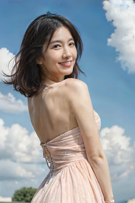 Photorealistic, CinemaScope, FilmSteel, a japanese girl, feminin pose, Cute dress, smiling, messy hair, fine sky, Realism, bumps on the skin