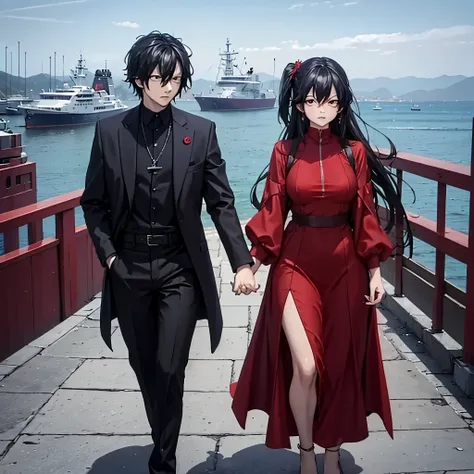 a man in black casual clothes holding the hand of a woman, red eye, in a red dress in a naval port