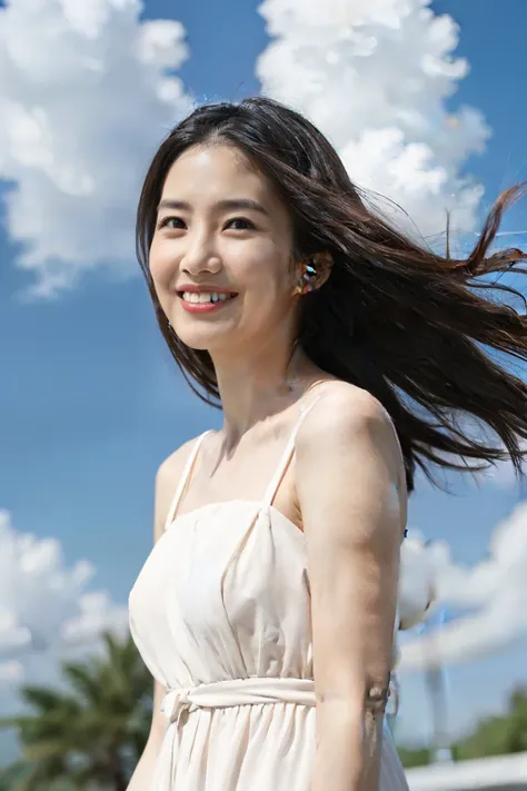 Photorealistic, CinemaScope, FilmSteel, a japanese girl, feminin pose, Cute dress, smiling, messy hair, fine sky, Realism, bumps on the skin