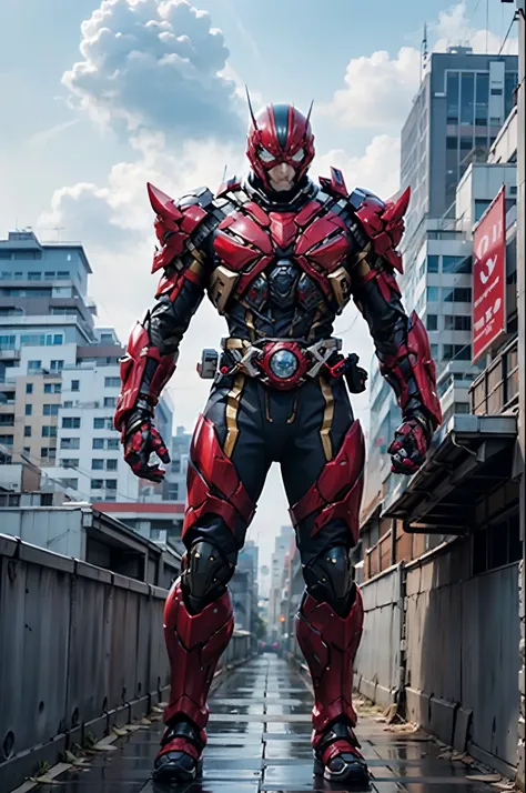 A super a high-tech biotech battle suit, standing on a rooftop, looking over the city, Japanese tokusatsu and American comic style, biometallic texture of the suit, sleek and shiny, dynamic, fast, natural light, cinematic, high quality, high resolution, hi...