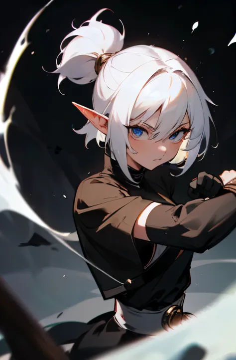 one black lock of hair, singular black lock of hair, short hair, elf woman, anime woman, master piece, pugilist, fighter