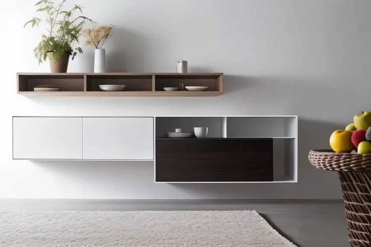 There  a white and black cabinet，There  a shelf and a bowl of fruit on it, minimalist design,  furniture, very minimalist, elegant minimalist, minimalist and beautiful, minimalist, minimalist, minimalist,  design, minimally modern, modern minimalist设计, Fur...