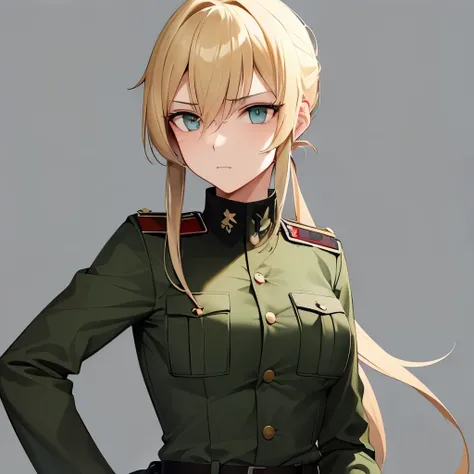 A female Nazi officer with blonde hair and green eyes.  She has a long coat and her long back hair tied up