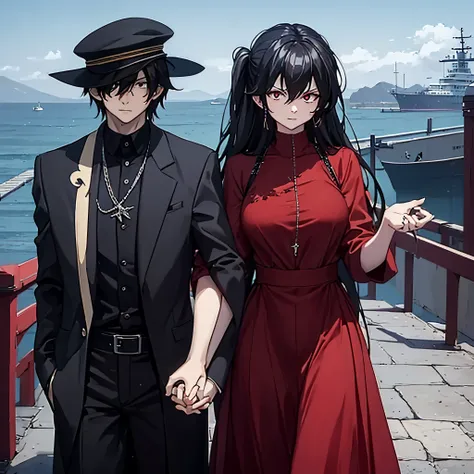 a man in black casual clothes holding the hand of a woman, red eye, in a red dress in a naval port
