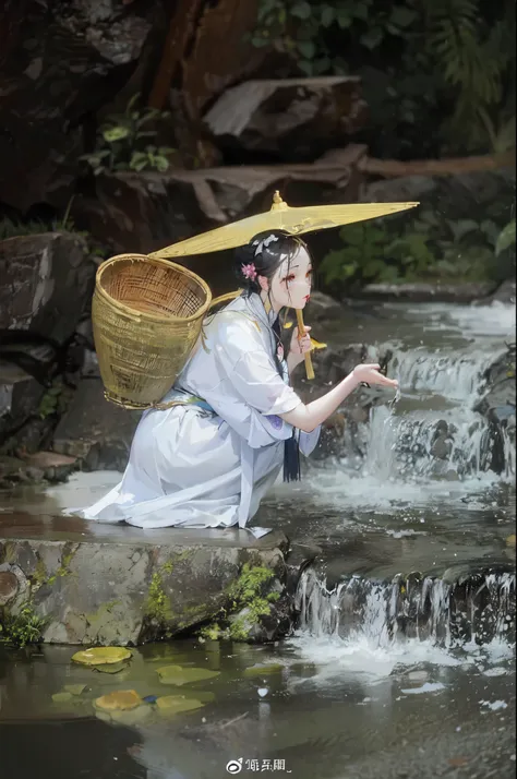 there  a woman in a white dress sitting on a rock by a waterfall, hanfu, palace ， a girl in hanfu, white hanfu, chinese woman, traditional chinese, traditional beauty, wearing ancient chinese clothes, chinese style, traditional chinese clothing, chinese co...