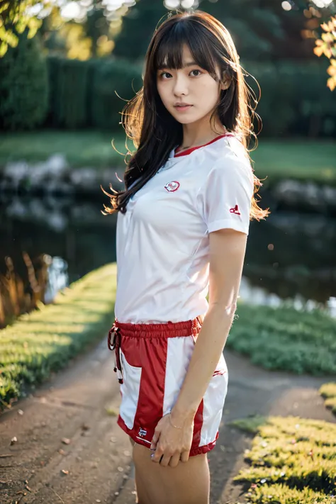 Photorealistic, CinemaScope, FilmSteel, a japanese girl, feminin pose, urban wears, messy hair, forest and pond, sunset time, Realism, bumps on the skin