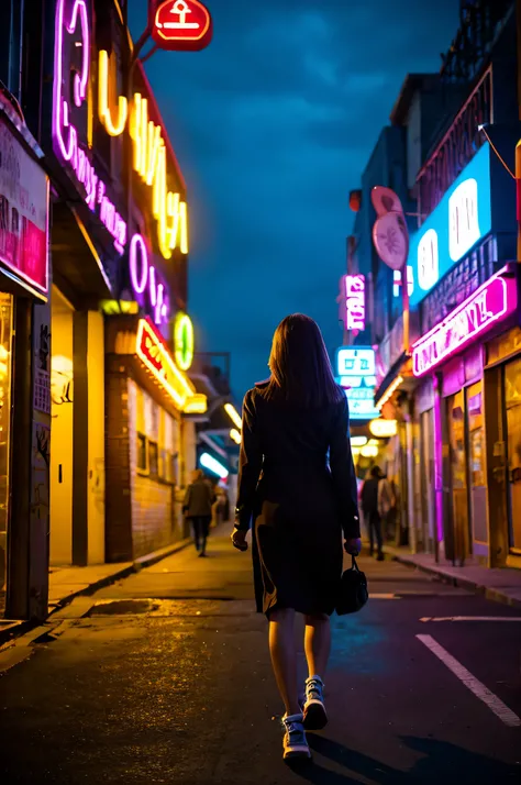 A woman walking int the neon town