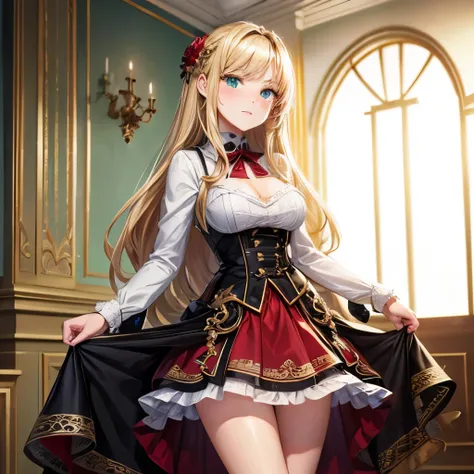 (high-res:1.2),German upper class,cool,beautiful,glamorous lady,(16-year-old) [teenager],Blonde,(long hair:1.1),green eyes,(tsurime:1.1),The background is a private room in a mansion,(1939),