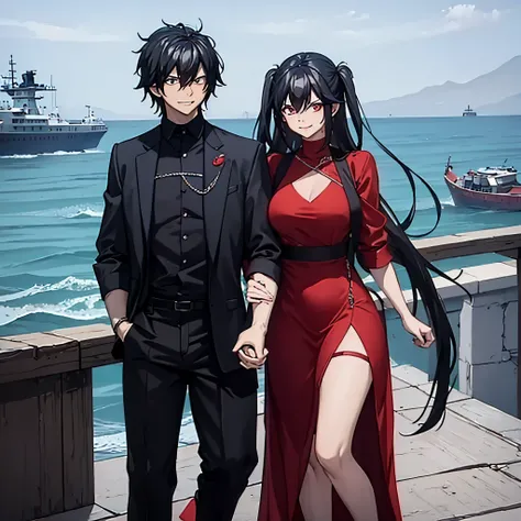 a man in black casual clothes holding the hand of a woman, red eye, smiling in a red dress in a naval port
