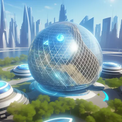 blue glowing spherical building、futuristic city、futuristic dome、Blue sky and white clouds，sunny morning，Green tree、full of life，futuristic city， futuristic city的景观, futuristic city的远景, Futuristic city background, 超futuristic city, futuristic city背景, Beauti...