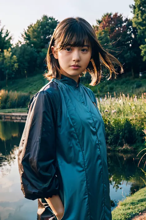 Photorealistic, CinemaScope, FilmSteel, a japanese girl, Pose like an actress, urban wears, messy hair, forest and pond, sunset time, Realism, bumps on the skin