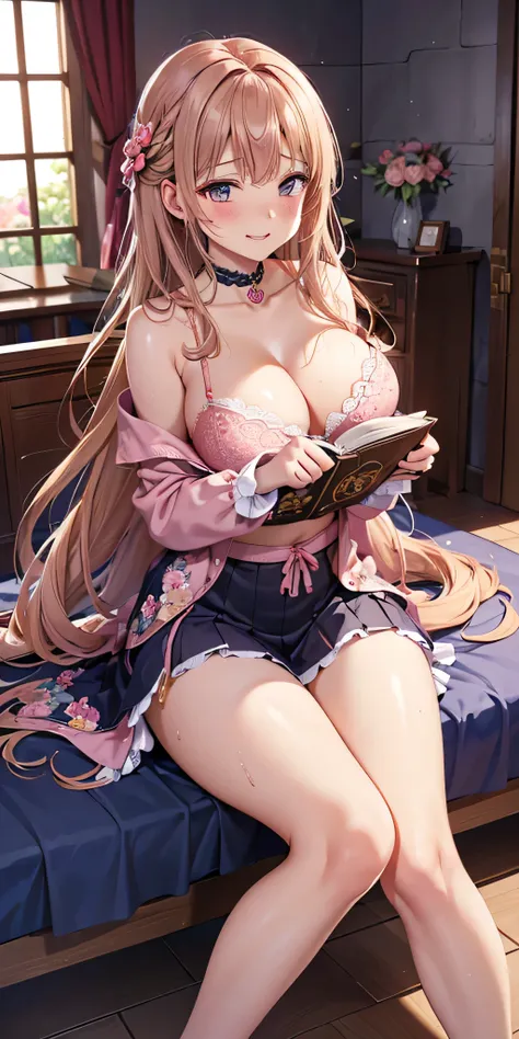 pieces fly, highest quality, Highly detailed CG Unity 8k wallpaper, sexy witch , long dark blonde wavy hair、off shoulder knit, dark blue pleated skirt, stockings、medium breasts, saggy breasts, , blush, shy smile, , (pink floral lace panties、pink floral lac...