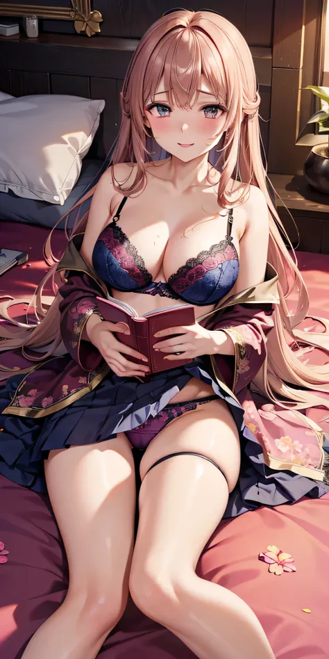 pieces fly, highest quality, Highly detailed CG Unity 8k wallpaper, sexy witch , long dark blonde wavy hair、off shoulder knit, dark blue pleated skirt, stockings、medium breasts, saggy breasts, , blush, shy smile, , (pink floral lace panties、pink floral lac...