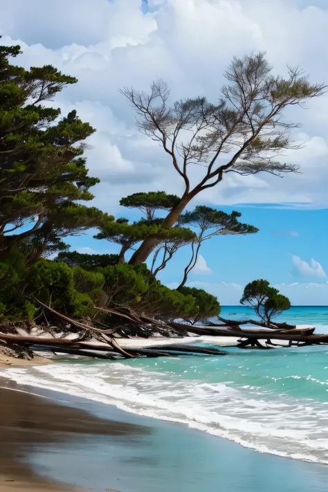 trees that have been washed up on the beach by the ocean, a picture by Richard Gruelle, flickr, land art, unfinished roots of white sand, incredibly beautiful, beach trees in the background, breath taking, breath taking beautiful, driftwood, enigmatic natu...