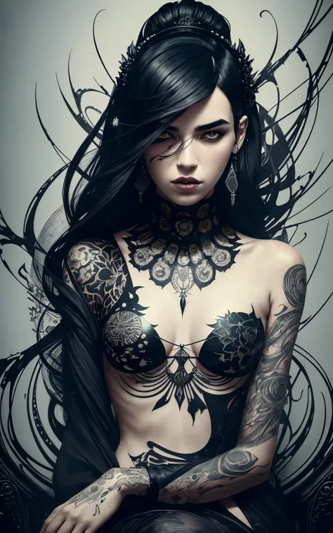 (Dua Lipa) is a beautiful charming vampire queen sitting on a throne, carved out of dark smoke, pale skin,dark fantasy background, black, circular colored smoke, waves of shadows at night, abstract skull ornaments, messy hair, soft colors, flat 4d street a...