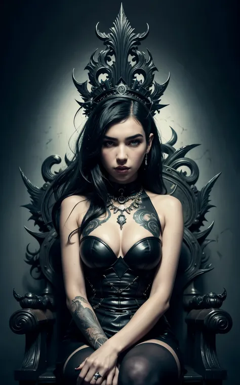 (Dua Lipa) is a beautiful charming vampire queen sitting on a throne, carved out of dark smoke, pale skin,dark fantasy background, black, circular colored smoke, waves of shadows at night, abstract skull ornaments, messy hair, soft colors, flat 4d street a...