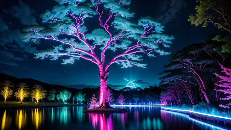 A big place with neon plants like alien style with tribe villages and with big trees in these trees their roots are kind of big neon and the trunk is kind of colorful, com rio passando com uma agua bem clara, When you look at the reflection of the water it...