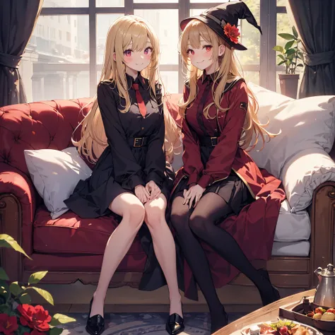 two witch girls sitting on a sofa drinking tea talking to one another and smiling, 2girls, multiple girls,purple dress, smile, red eyes, sitting,red dress,tie, blonde hair,cup, looking at viewer, blonde long hair,gold eyes,shirt, skirt, window, basket,flow...