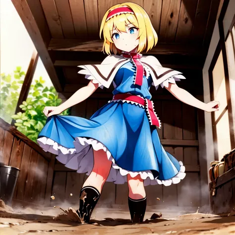 touhou,(alice margatroid:1.4),1girl,solo,blonde hair, blue eyes, capelet,dress,sash, bow, hair bow, short hair, blue dress,(mudd...