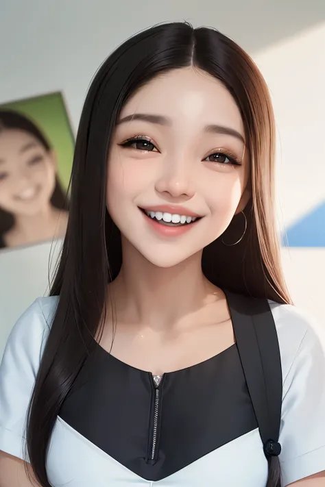 obra de arte, Melhor qualidade, fotorrealista, 1 garota, sorriso, dentes, Franja plana, impressionante rosto de simetria inocente, Uniforme escolar, Olhos pretos, emocional, Ulzzang, (PureErosFace_v1:0.7)