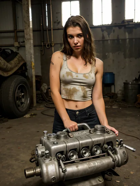 mechanic girl working on a car engine, She&#39;s dirty with grease and she holds a wrench in her hand