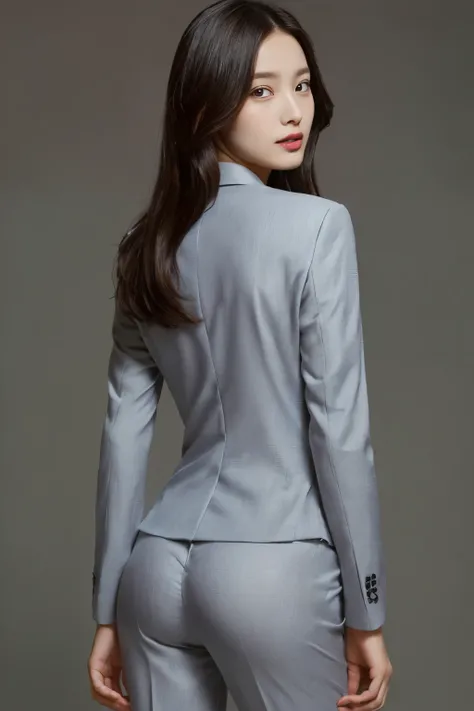 ((Gray pantsuit、shot from behind、Looking back、beautiful woman))、(young girl)、(real、photorealistic、Super detailed、highest detail skin、highest quality、masterpiece、ultra high resolution)、the lighting is bright、stick out your butt、Little pig