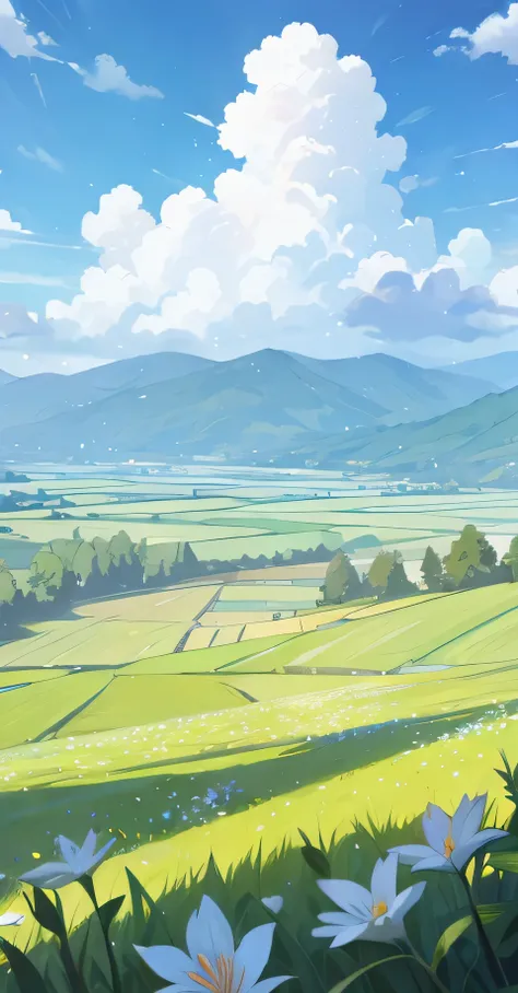 there  a cartoon picture of a green field with flowers, anime countryside landscape, anime landscape, anime background art, anime scenery concept art, anime landscape wallpaper, detailed scenery —width 672, beautiful anime scenery, anime scenery, painted i...