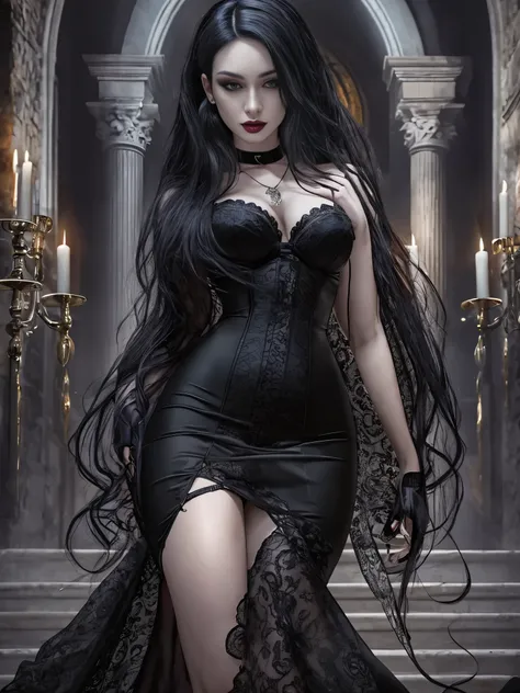 raven noir  a striking woman figure with long, raven-black hair that cascades down her back in waves. her pale skin contrasts sh...