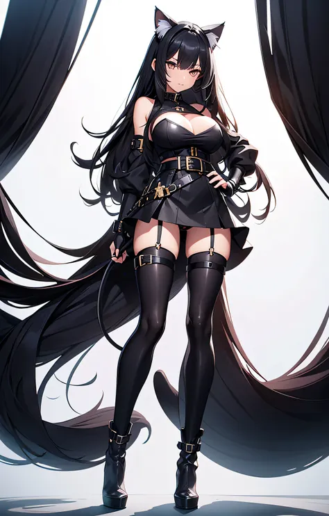 cat girl, slim body, long legs, huge breasts, black hair, high boots, battle gloves, belt, mini skirt, long tail, big ears,8k, h...